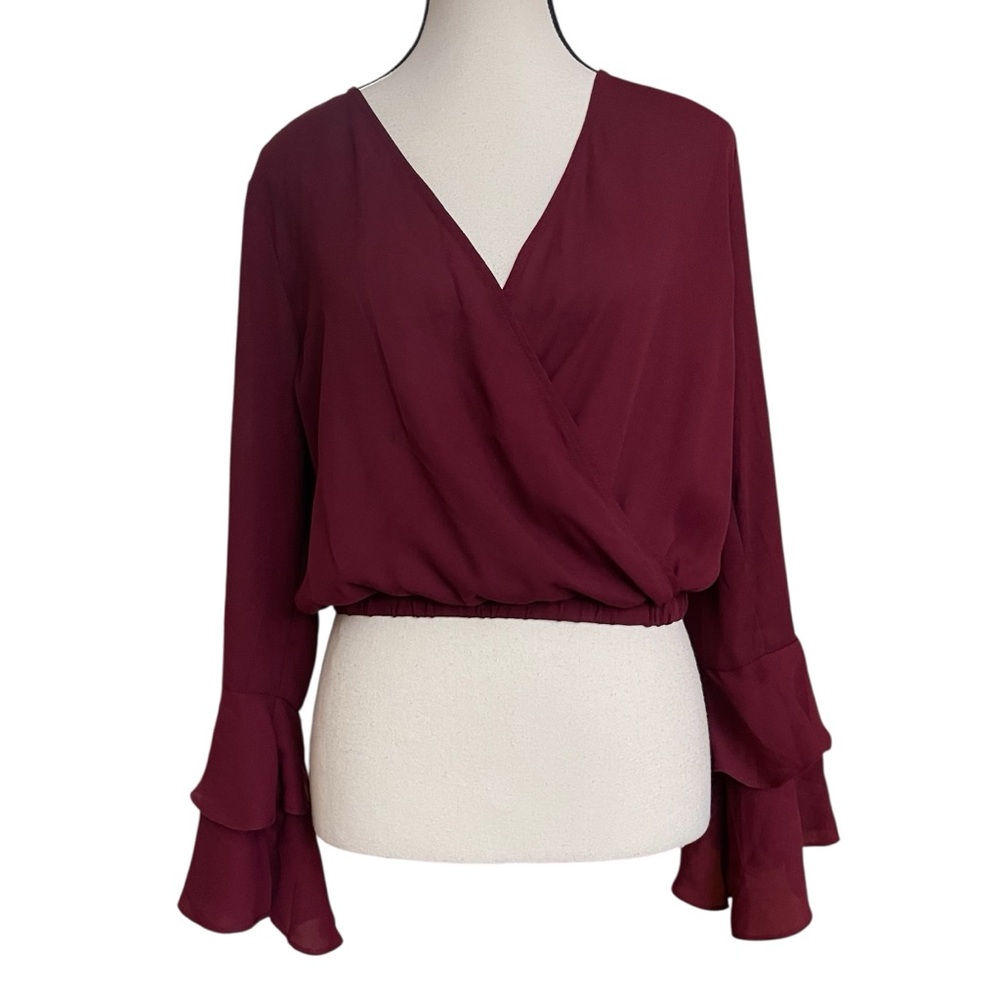Burgundy Crop Wrap Ruffle Bell‎ Sleeve Blouse Sz. M - Picture 2 of 7